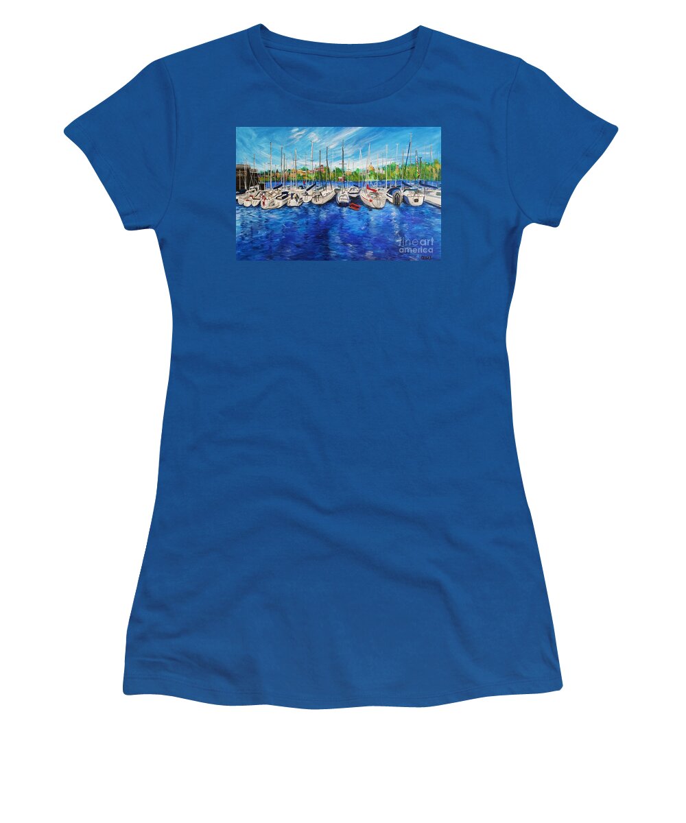 Sweden Women's T-Shirt featuring the painting Boats near the Vasa Museum, Stockholm, Sverige by C E Dill
