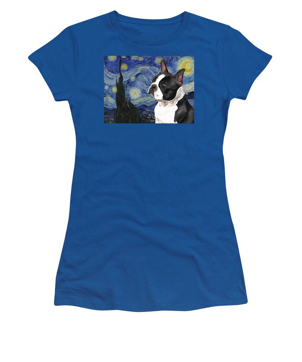 Boston Terrier Women's T-Shirt featuring the painting Boston Terrier Art Van Gogh Starry Night by Sandra Sij
