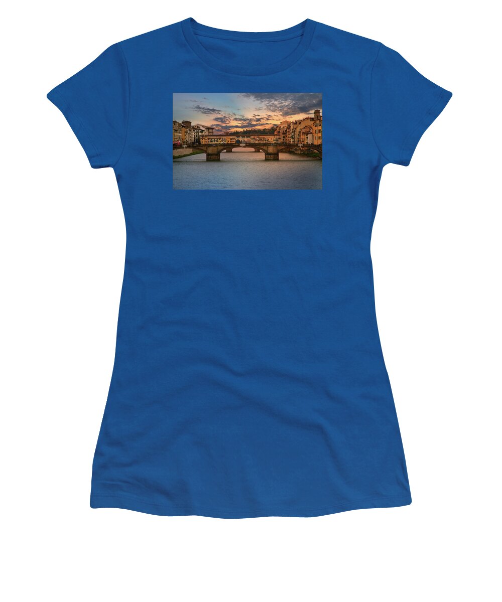 Florence Women's T-Shirt featuring the photograph Bridges of Arno River at Sunset in Florence Italy by Lily Malor
