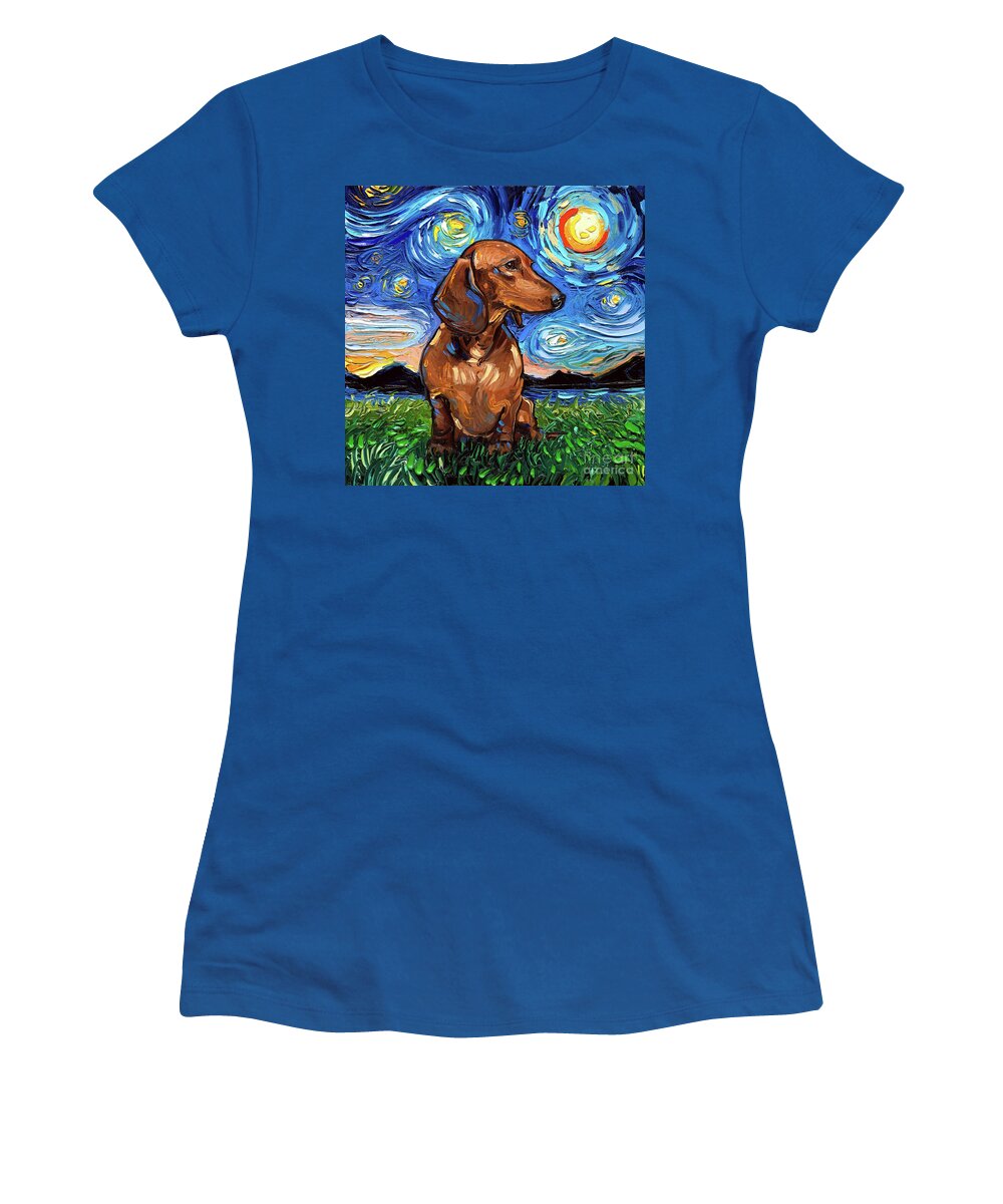 Dachshund Women's T-Shirt featuring the painting Brown Dachshund Night by Aja Trier