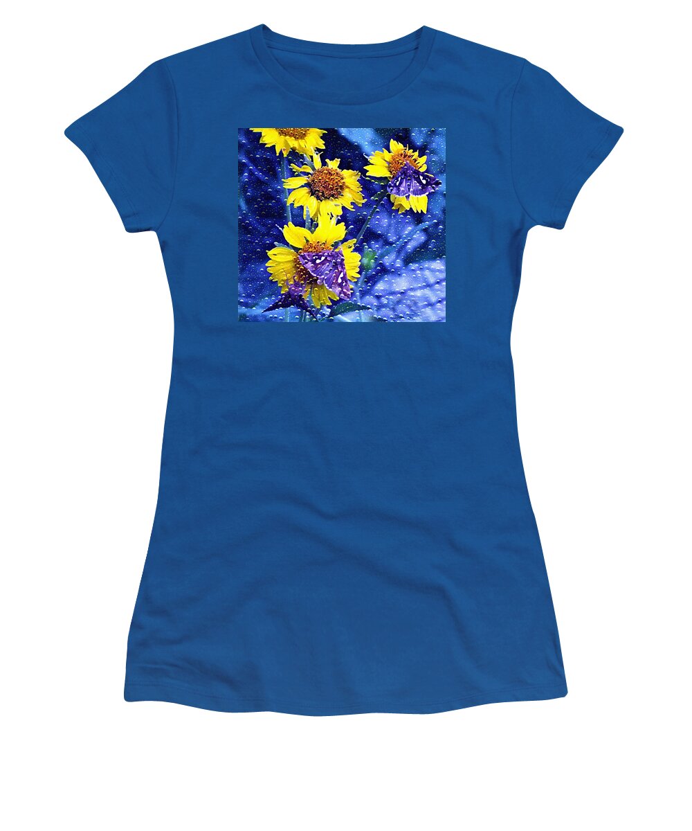 Butterfly Women's T-Shirt featuring the mixed media Bubbly Yellow Flowers with Butterflies by Shelli Fitzpatrick