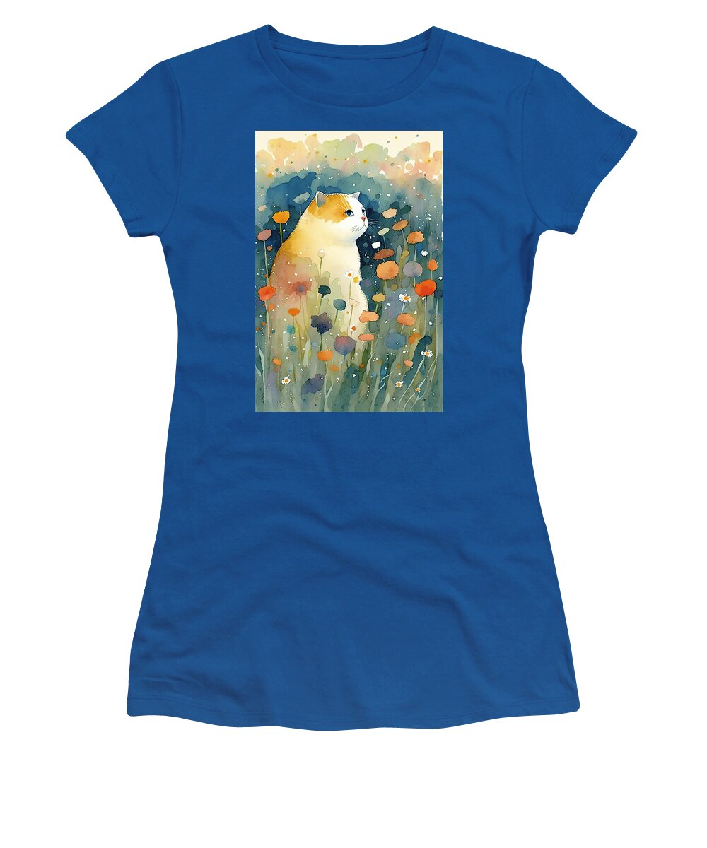 Cat Women's T-Shirt featuring the digital art Cat in a flower field 4 by Debbie Brown