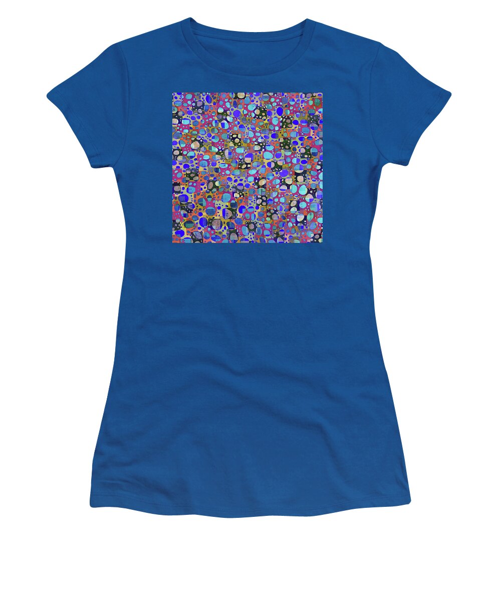 Multicolored Women's T-Shirt featuring the digital art CELLULAR Modern Abstract Circles and Squares Blue Multicolored by Lynnie Lang