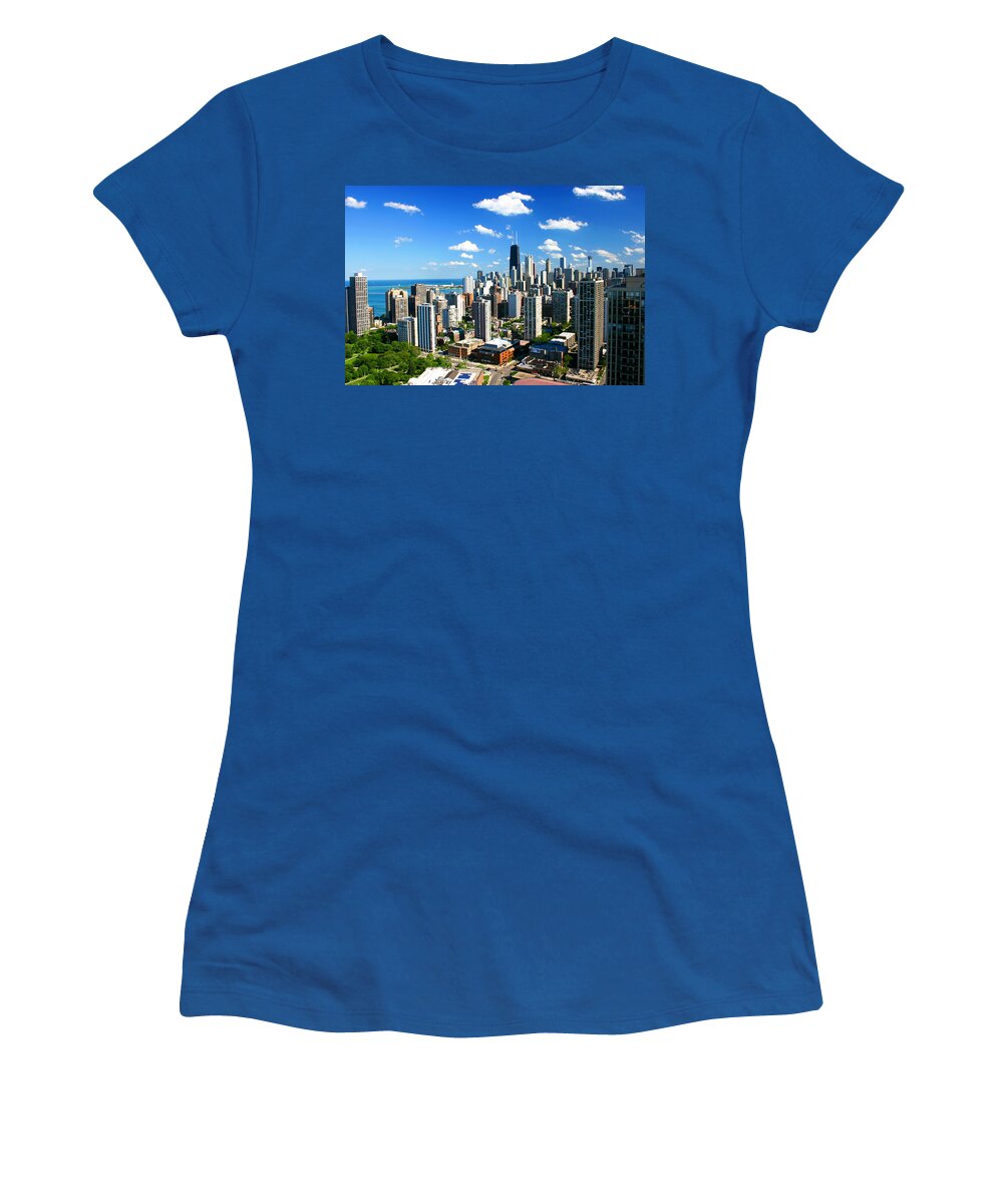 Architecture Women's T-Shirt featuring the photograph Chicago Gold Coast Aerial Skyline Blue Sky by Patrick Malon