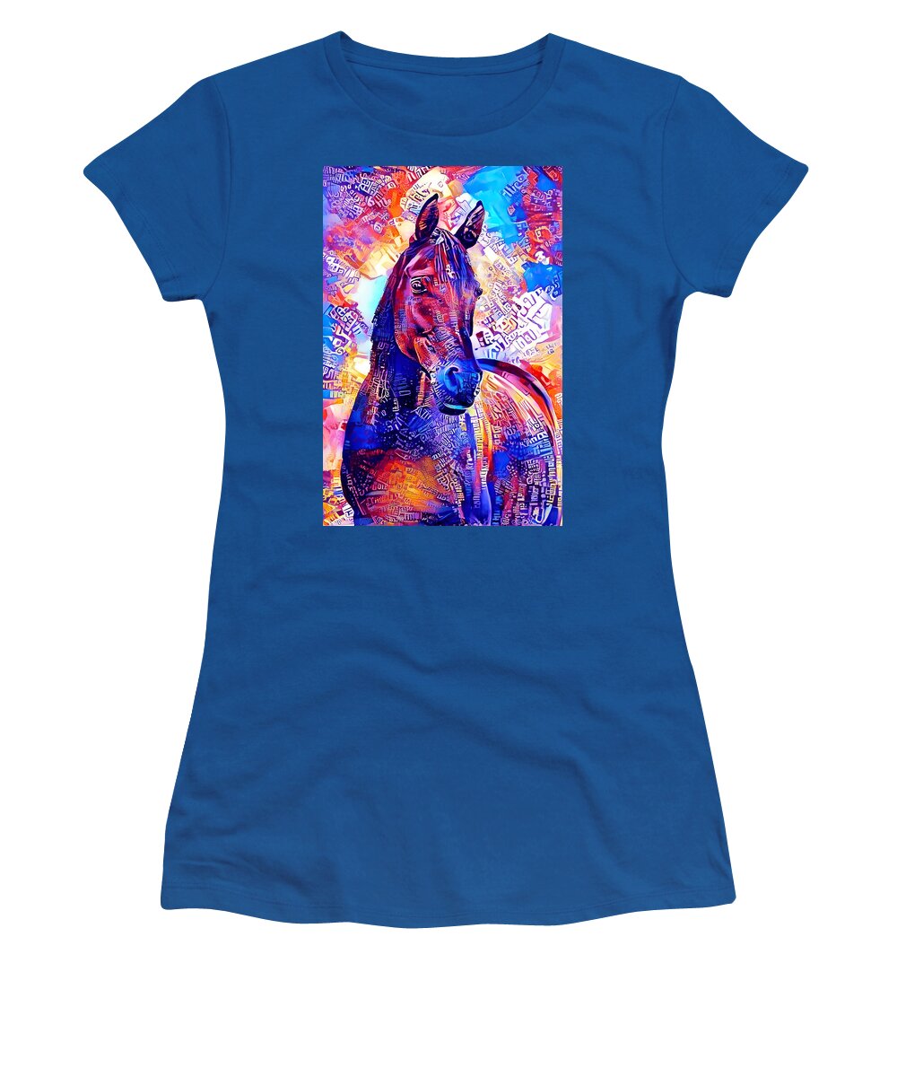 Arabian Horse Women's T-Shirt featuring the digital art Colorful Arabian horse portrait in blue and violet by Nicko Prints