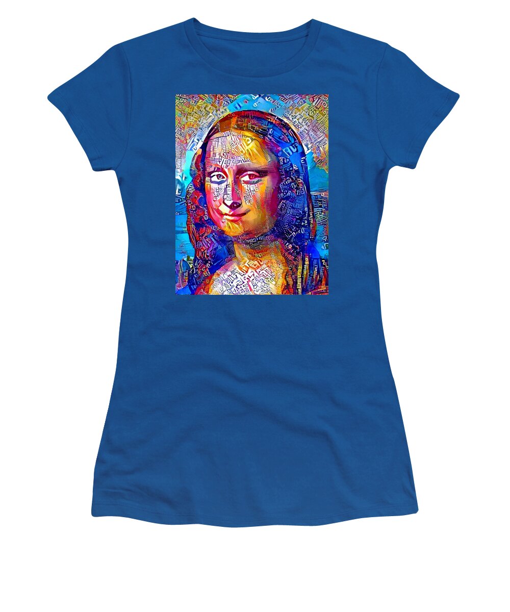 Mona Lisa Women's T-Shirt featuring the digital art Colorful Mona Lisa portrait with blue, orange and magenta color scheme by Nicko Prints