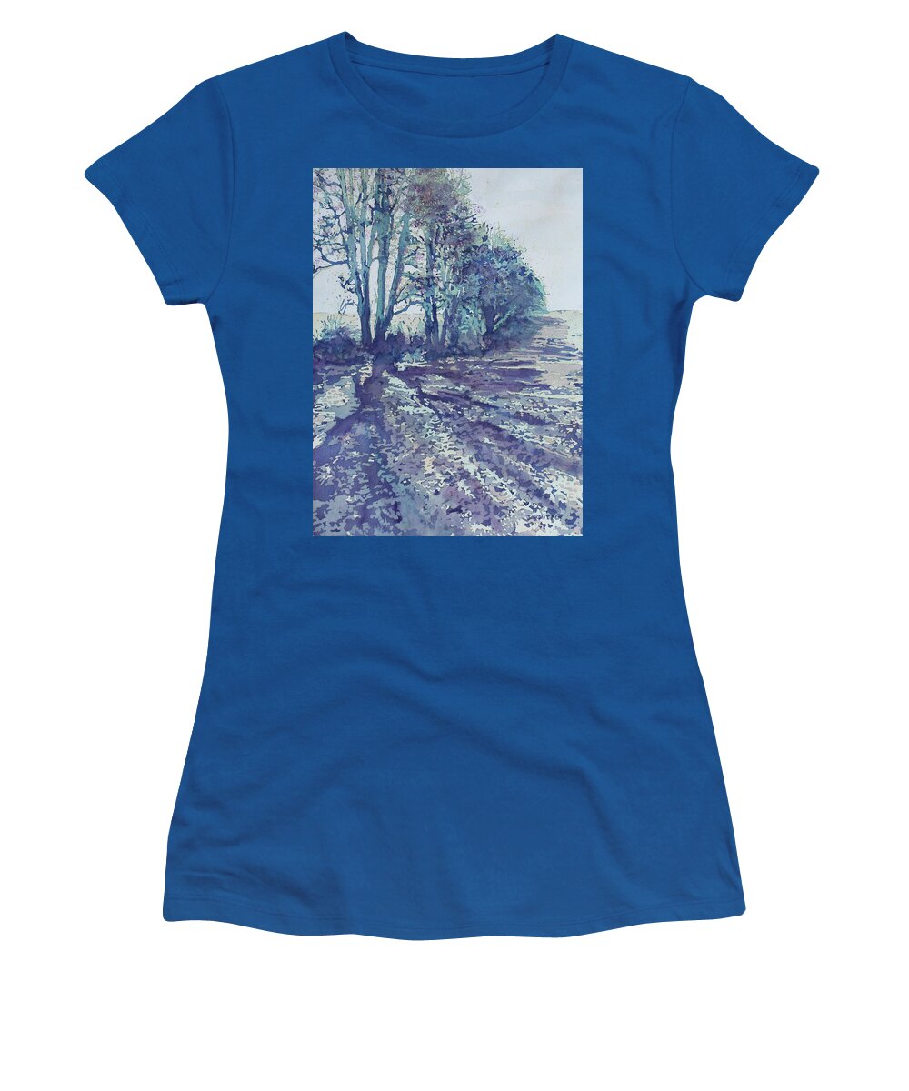 Joryville Hill Women's T-Shirt featuring the painting Cool Shadows by Jenny Armitage