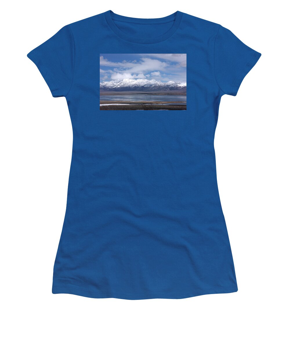 Crowley Lake Women's T-Shirt featuring the photograph Crowley Lake - Winter - Sierra Nevada Mt. Range by Bonnie Colgan