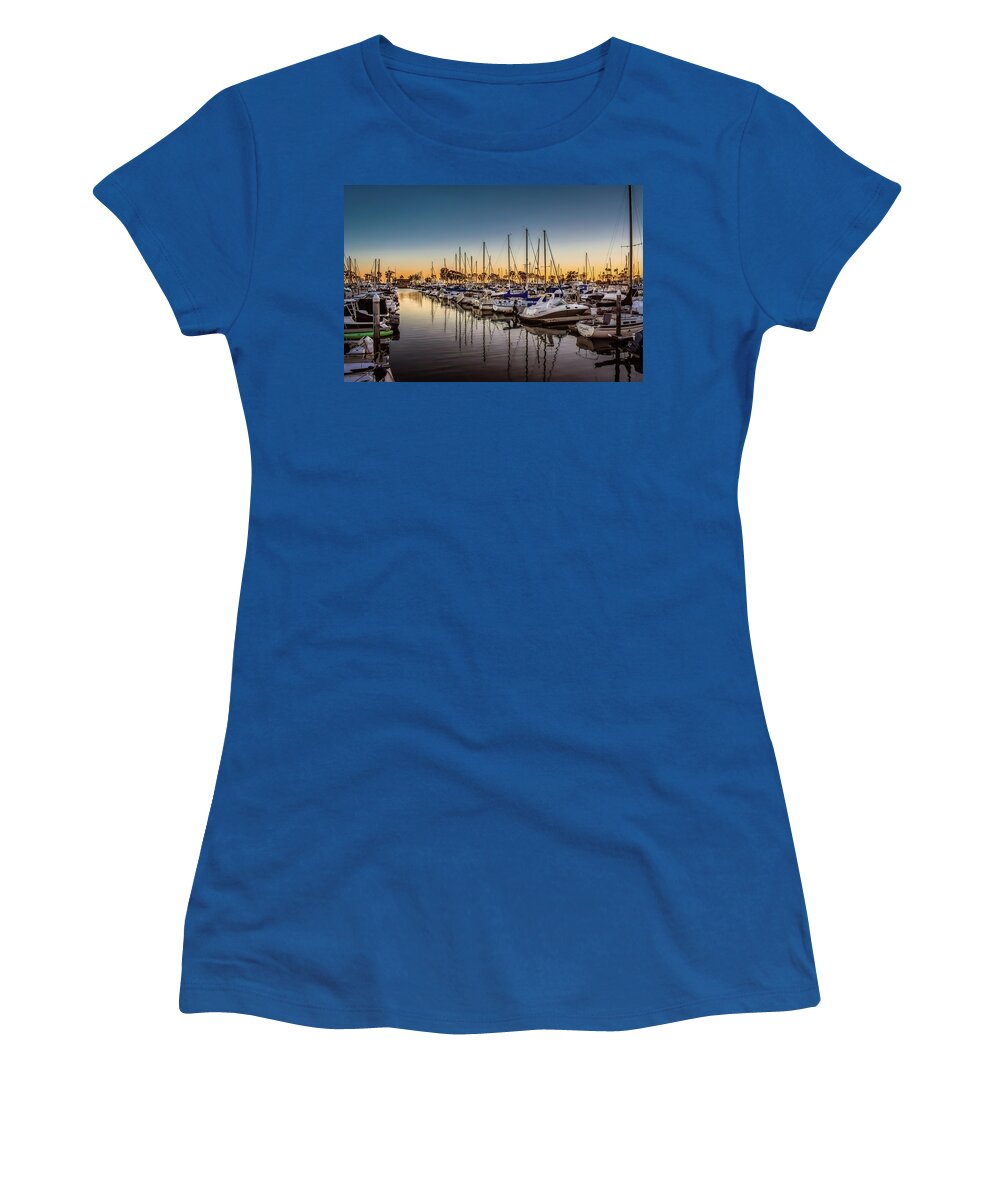 Dana Point Sunset Women's T-Shirt featuring the photograph Dana Point Harbor at the Blue Hour by Rebecca Herranen