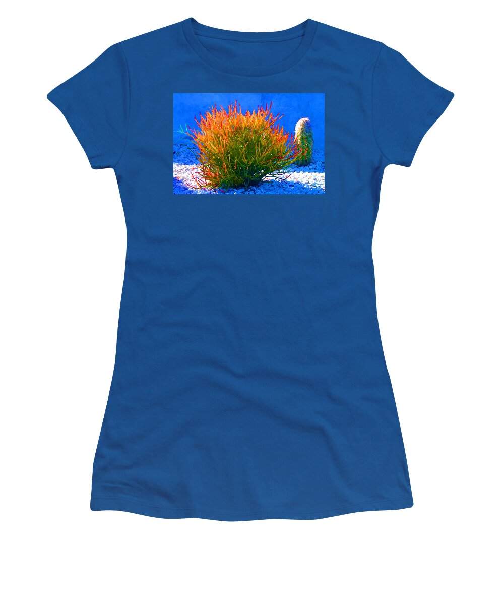 Succulent Women's T-Shirt featuring the painting Firesticks on Blue by Amy Vangsgard