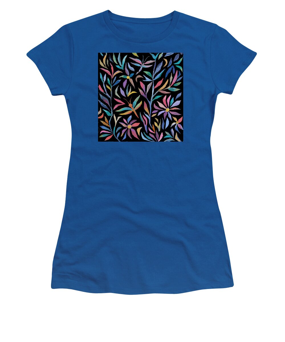 Flowers Women's T-Shirt featuring the digital art Flowers and Dragonflies Pattern by Jean Batzell Fitzgerald