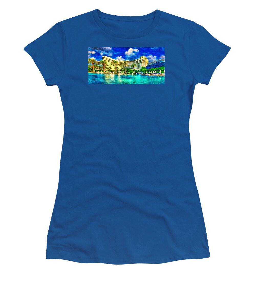 Fontainebleau Miami Beach Women's T-Shirt featuring the digital art Fontainebleau Miami Beach seen from the swimming pool - oil painting by Nicko Prints