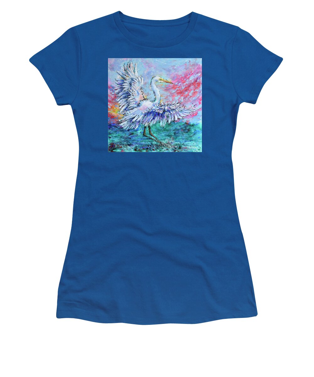  Women's T-Shirt featuring the painting Great Egret's Glorious Landing by Jyotika Shroff