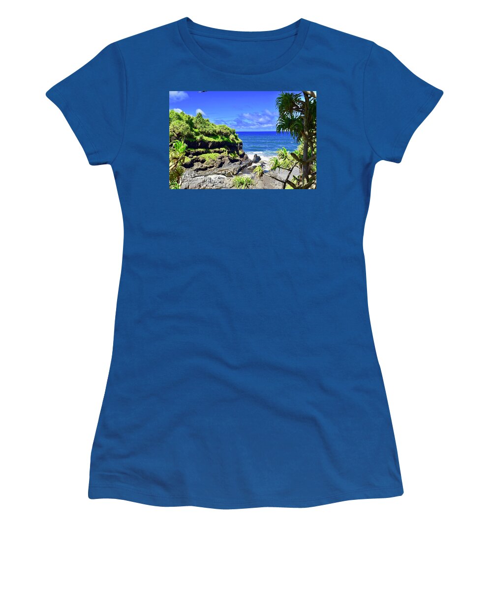 Aloha Women's T-Shirt featuring the photograph Seven Sacred Pools merging into Hawaiian ocean,Hana,Maui by Bnte Creations