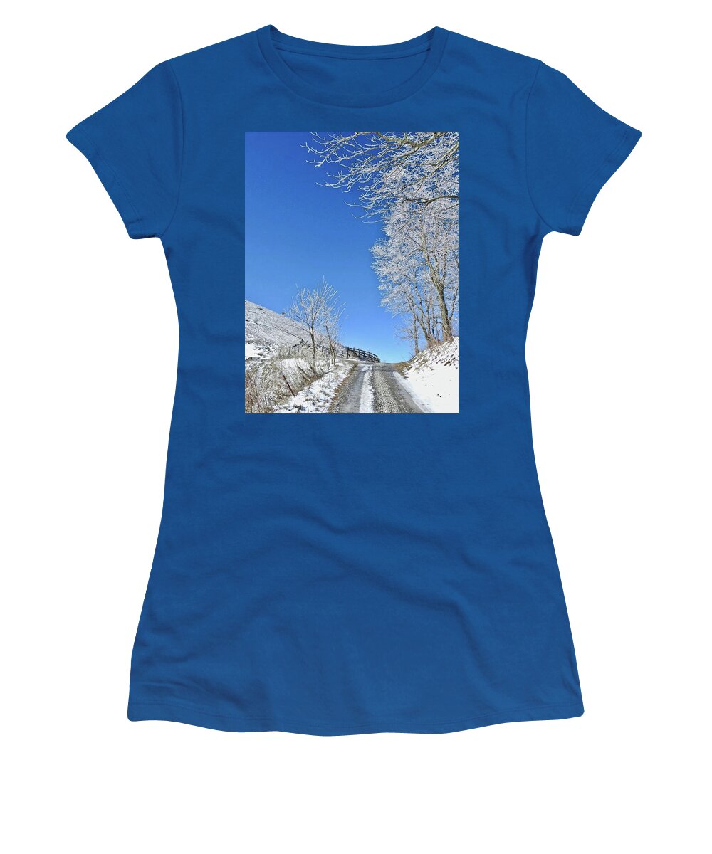 Hoar Frost Road Women's T-Shirt featuring the photograph Hoar Frost Road by Kathy Chism