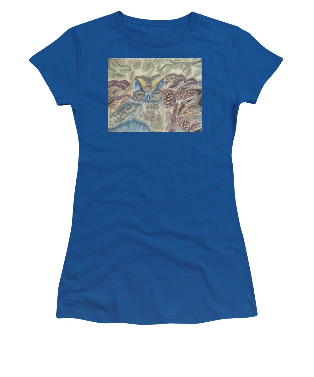 Horned Owl Women's T-Shirt featuring the pastel Horned Owl Nesting by Suzanne Berthier