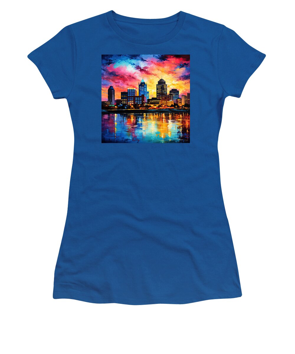 Downtown Louisville Women's T-Shirt featuring the painting Louisville Skyline - Sunset Impressionist by Lourry Legarde