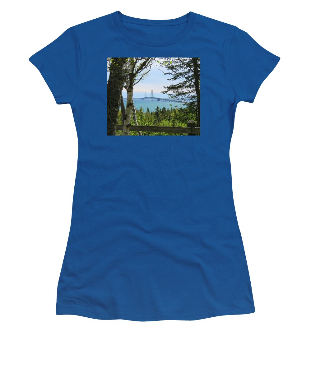 Mackinac Bridge Women's T-Shirt featuring the photograph Mighty Mac From Straits State Park by Keith Stokes