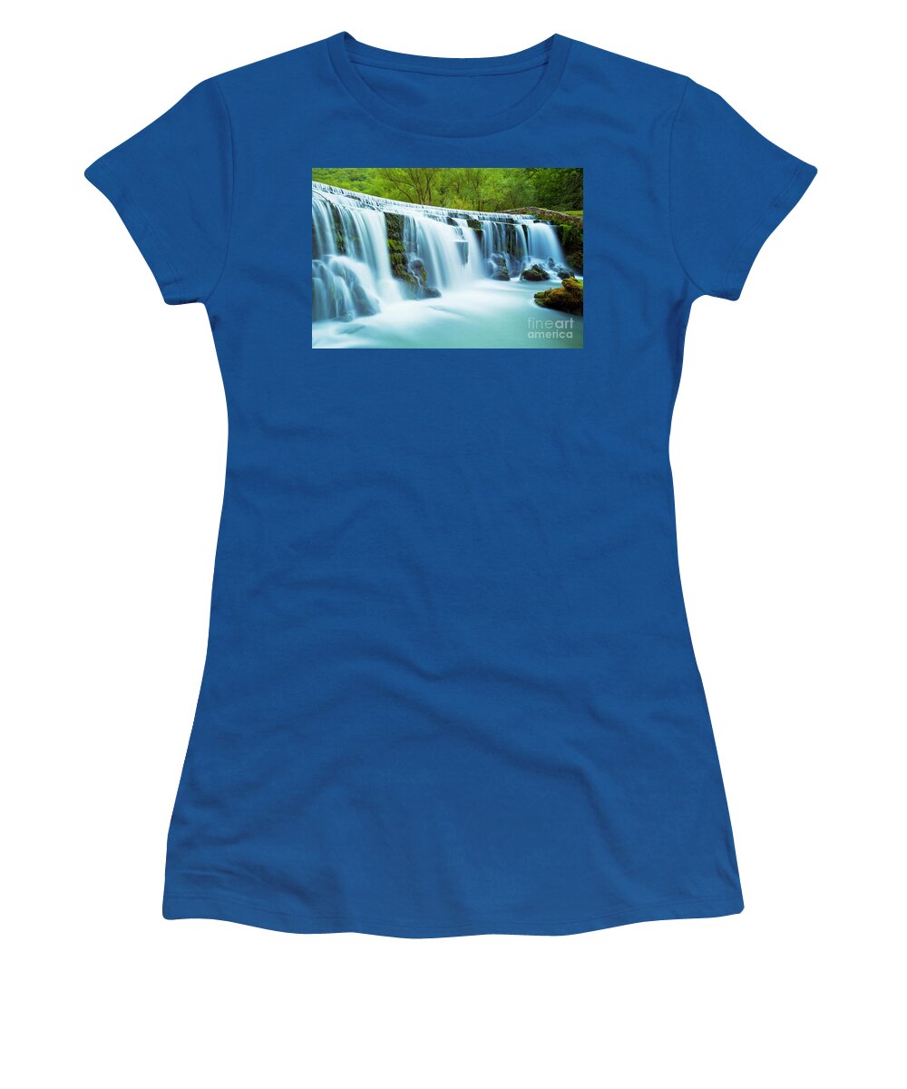 Peak District Women's T-Shirt featuring the photograph Monsal dale waterfall, Peak District, Derbyshire, England by Neale And Judith Clark