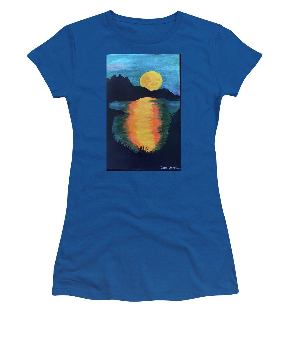 Watercolor On Water Women's T-Shirt featuring the painting Moon resting in the bay by Debra Vatalaro