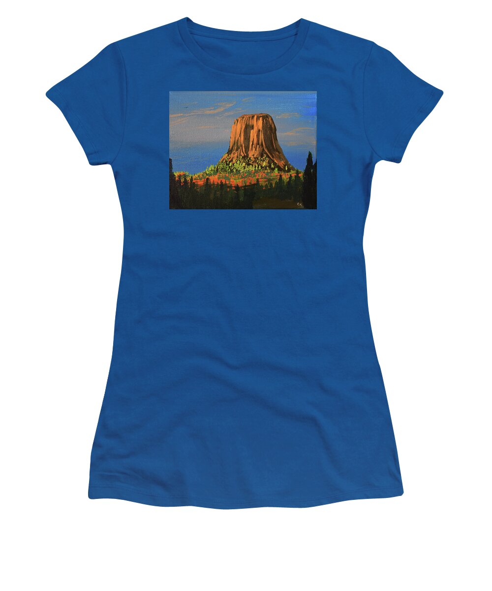 Devil's Tower Women's T-Shirt featuring the painting Morning Light on Devil's Tower, Wyoming by Chance Kafka