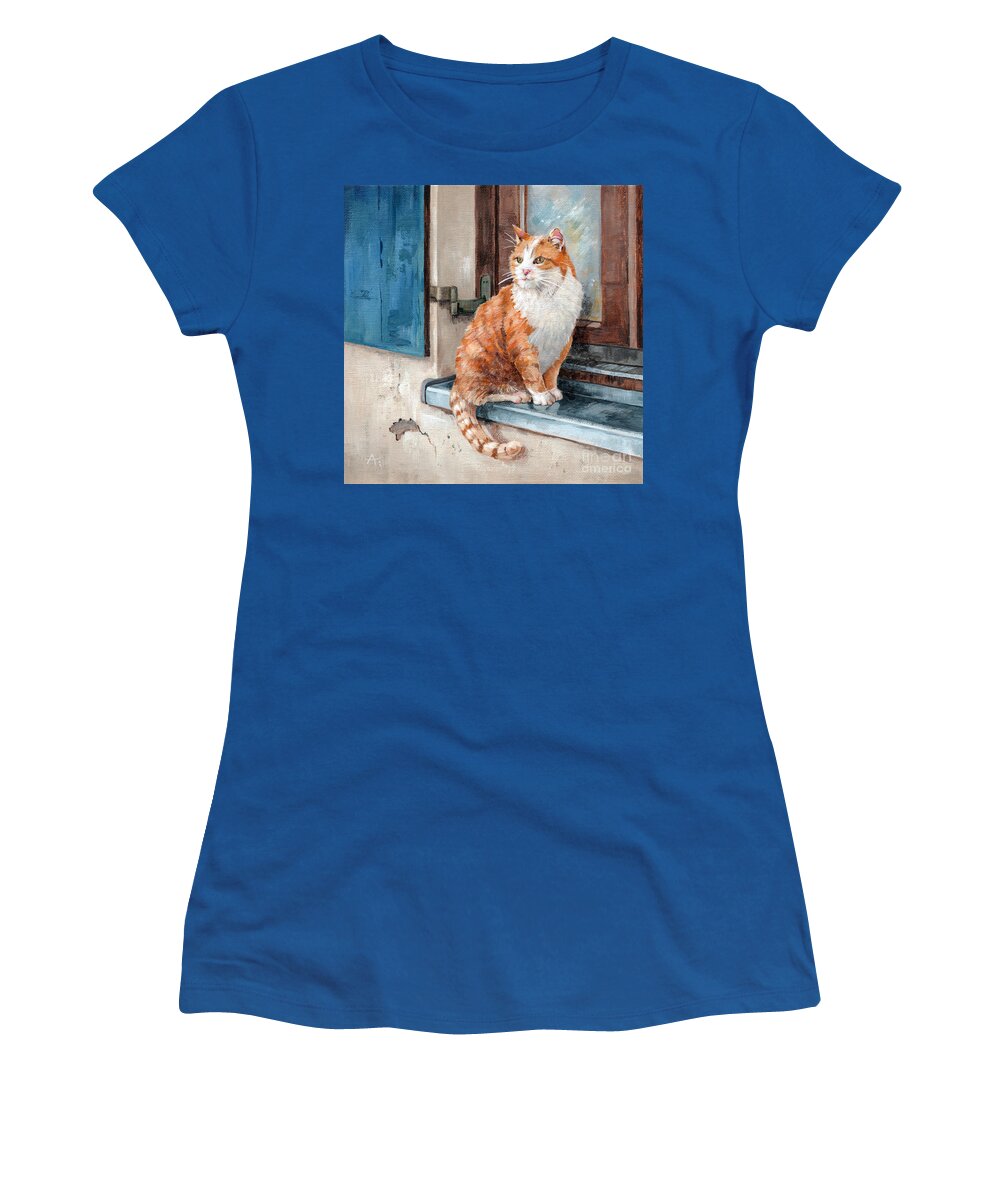Cat Women's T-Shirt featuring the painting Oscar - Cat in Window painting by Annie Troe
