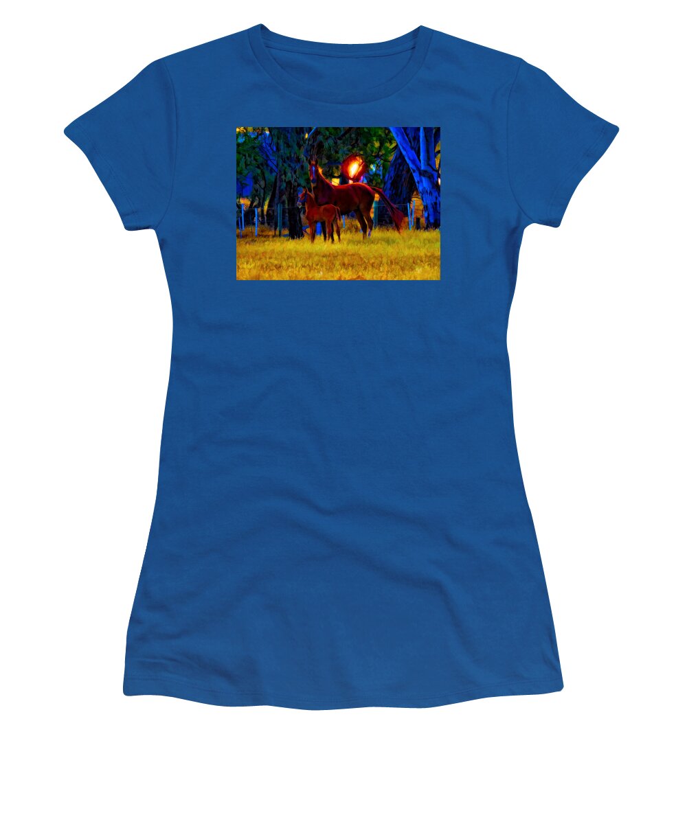 Horse Women's T-Shirt featuring the mixed media Paris And Foal At Sunset by Joan Stratton