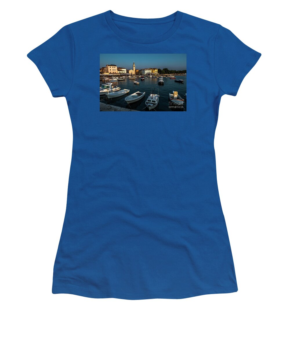 Accommodation Women's T-Shirt featuring the photograph Picturesque Village Fazana In Croatia With Old Church And Boats In Harbor by Andreas Berthold