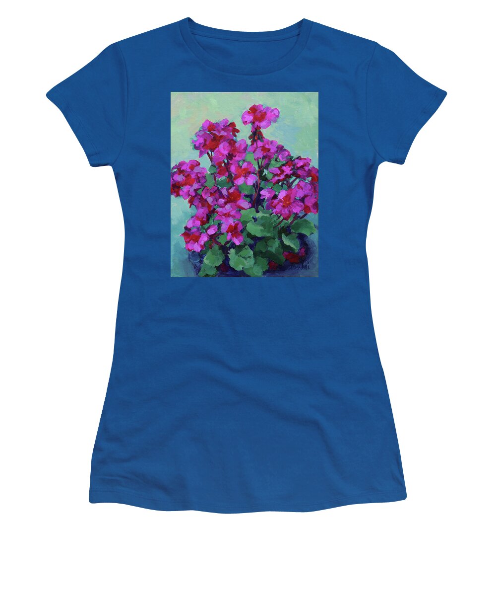 Flowers Women's T-Shirt featuring the painting Pink Geraniums by Karen Ilari
