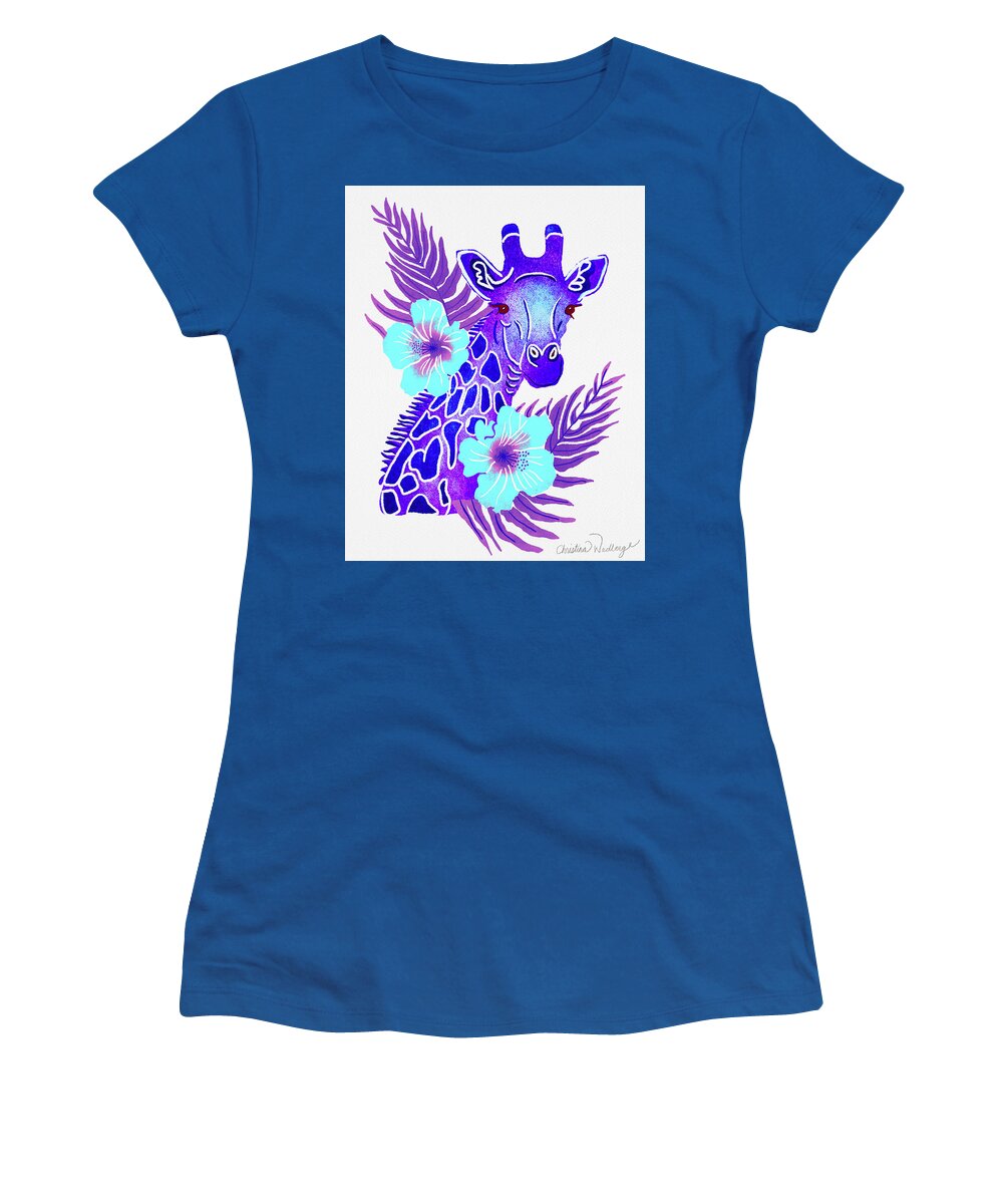 Purple Women's T-Shirt featuring the painting Purple Giraffe Tropical Jungle Safari by Christina Wedberg
