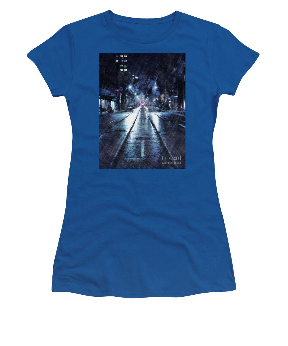 Weather Women's T-Shirt featuring the digital art Rainy Night Downtown by Phil Perkins
