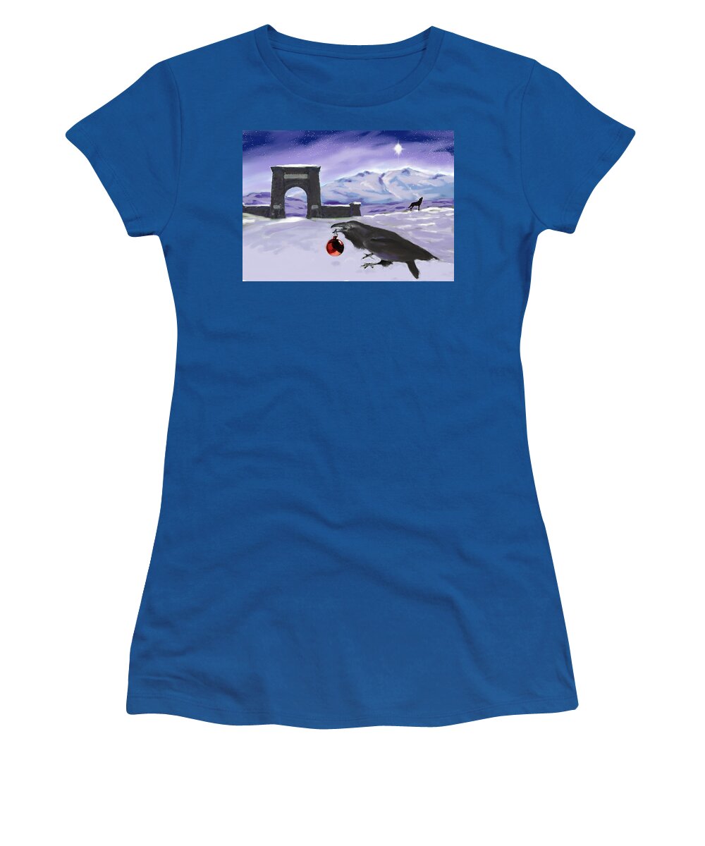 Raven Women's T-Shirt featuring the digital art Raven and Wolf Christmas by Les Herman