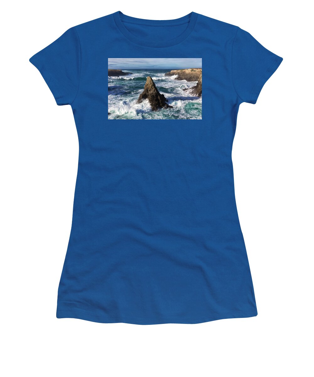 Mendocino Coast Women's T-Shirt featuring the photograph Rough Ocean Waves Swirling the Shoreline on a Sunny Mendocino Afternoon by Kathleen Bishop