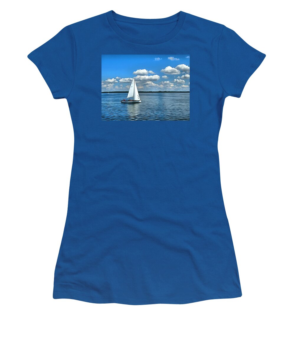 Sailing Boat Women's T-Shirt featuring the digital art Sailing boat idyll with cotton clouds by Marina Kaehne