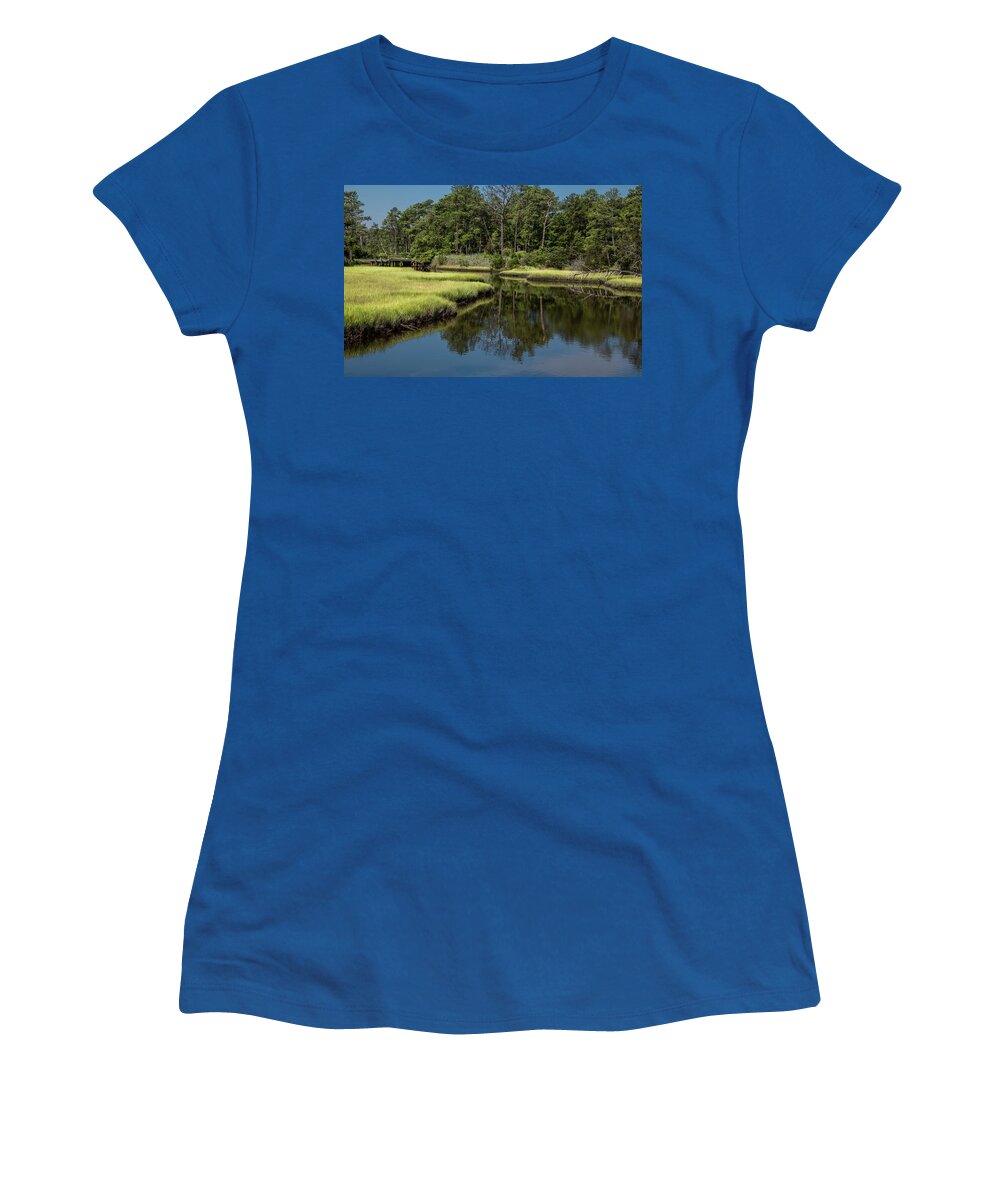 Virginia Women's T-Shirt featuring the photograph Saltwater Marsh Reflections on a Summer Morning by Marcy Wielfaert