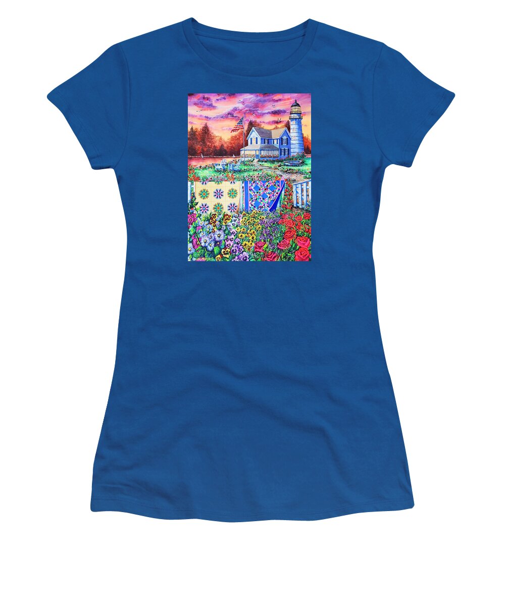 Lighthouse Women's T-Shirt featuring the painting Shoreline Treasures by Diane Phalen