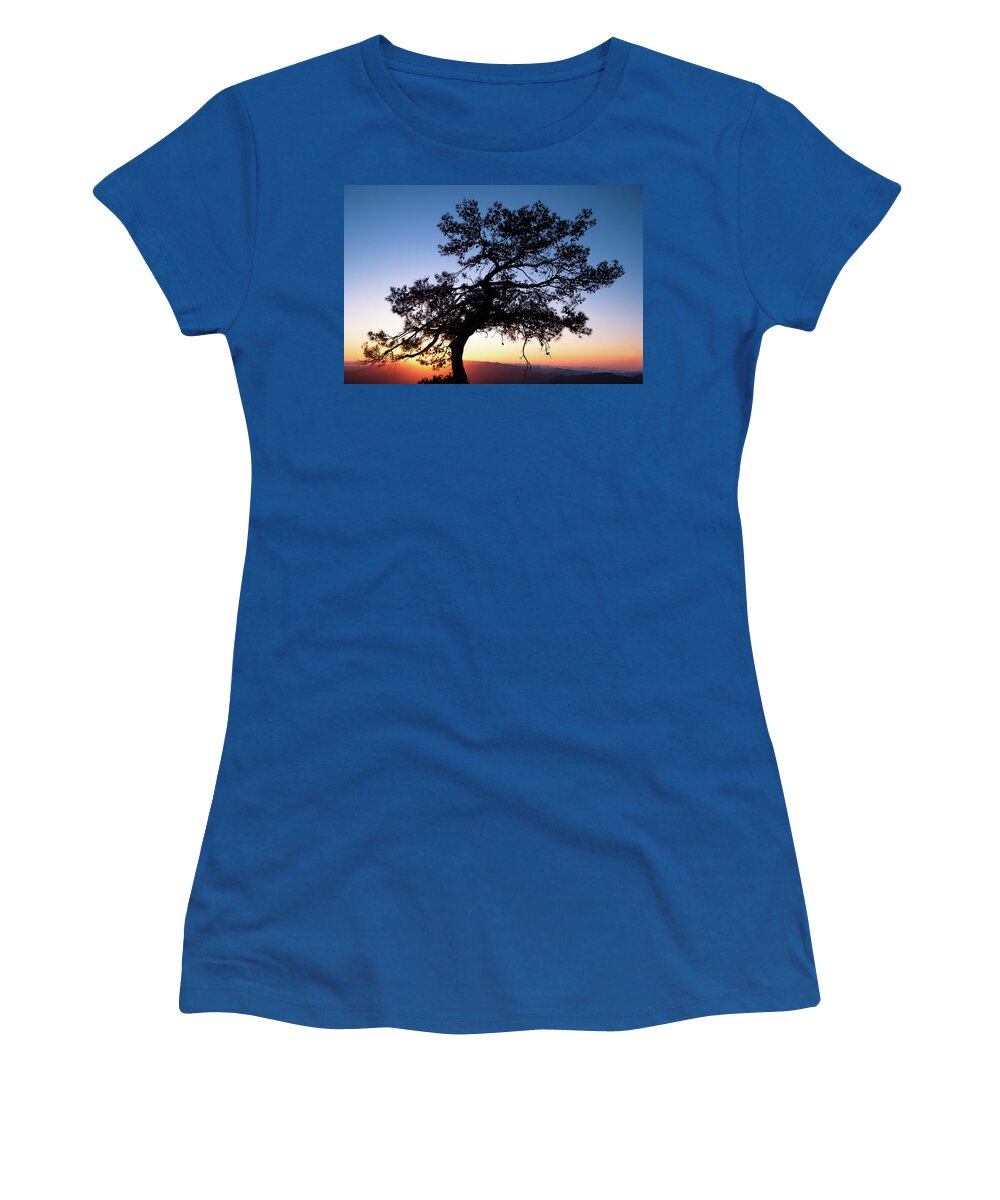 Cyprus Women's T-Shirt featuring the photograph Silhouette of a forest pine tree during blue hour with bright sun at sunset. by Michalakis Ppalis