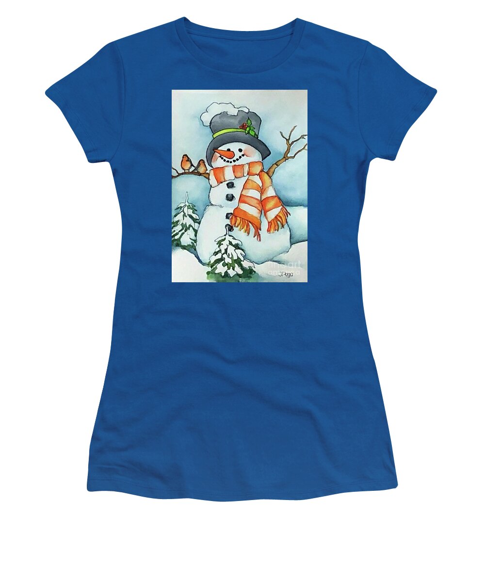 Snowman Women's T-Shirt featuring the painting Smiley snowman by Inese Poga