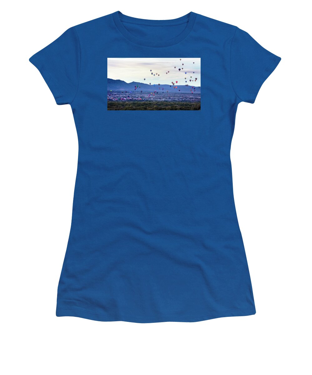 Albuquerque International Balloon Fiesta Women's T-Shirt featuring the photograph Special Shapes Day - Mass Ascension by Susan Rissi Tregoning
