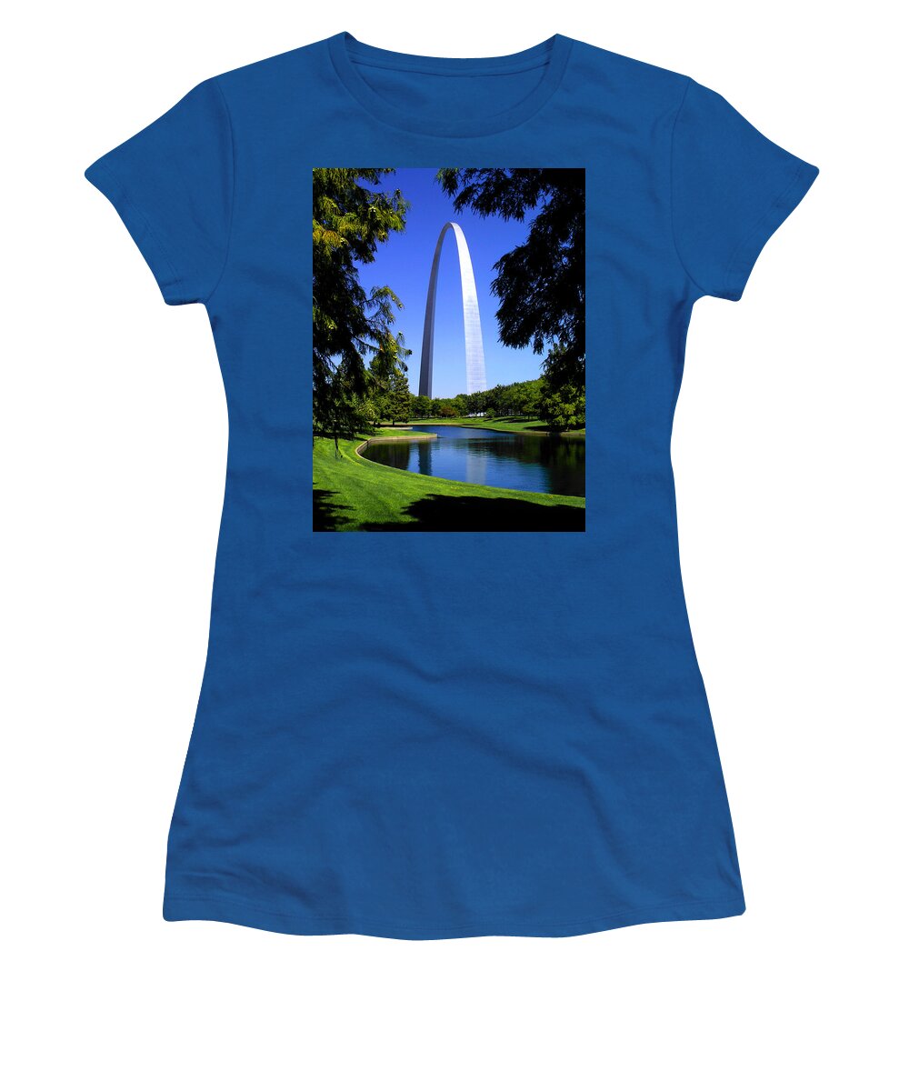 Architecture Women's T-Shirt featuring the photograph St Louis Gateway Arch Water Trees by Patrick Malon
