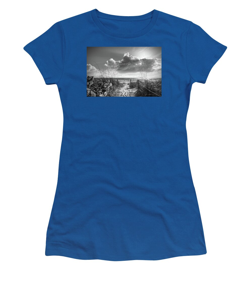 Clouds Women's T-Shirt featuring the photograph Sunbeams on the Dunes in Black and White by Debra and Dave Vanderlaan