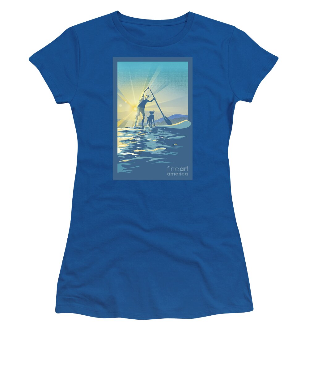 Paddle Boarding Women's T-Shirt featuring the digital art Sunrise Paddle Boarder by Sassan Filsoof