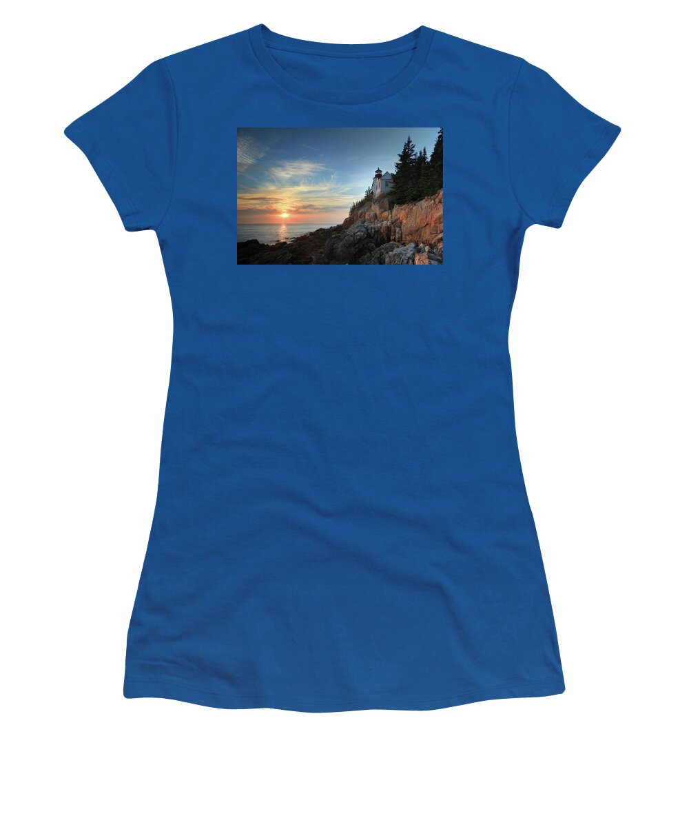 Bass Harbor Head Light Women's T-Shirt featuring the photograph Sunset Glow at Bass Harbor by Lori Deiter