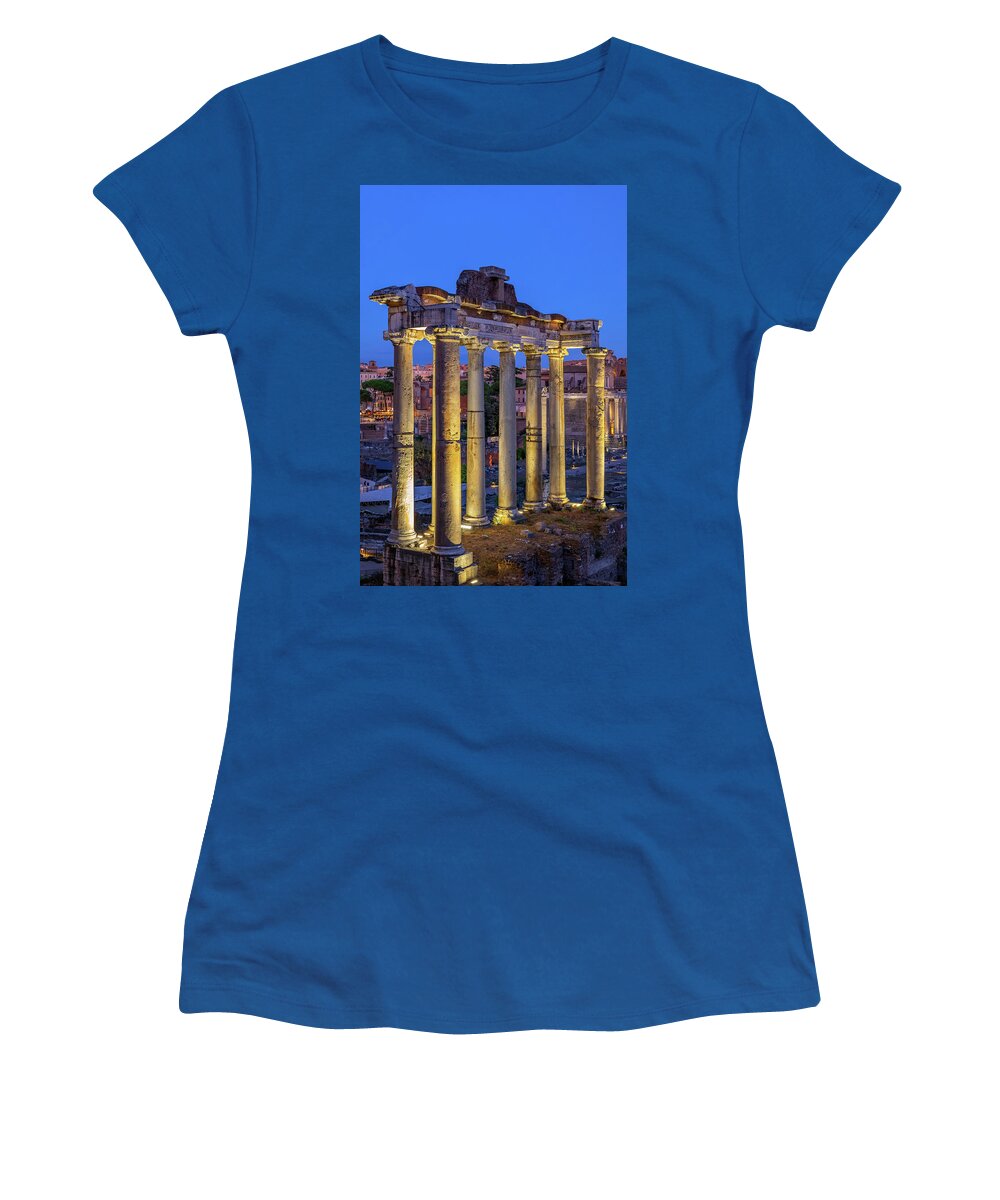 Temple Women's T-Shirt featuring the photograph Temple of Saturn in Rome at Dusk by Artur Bogacki