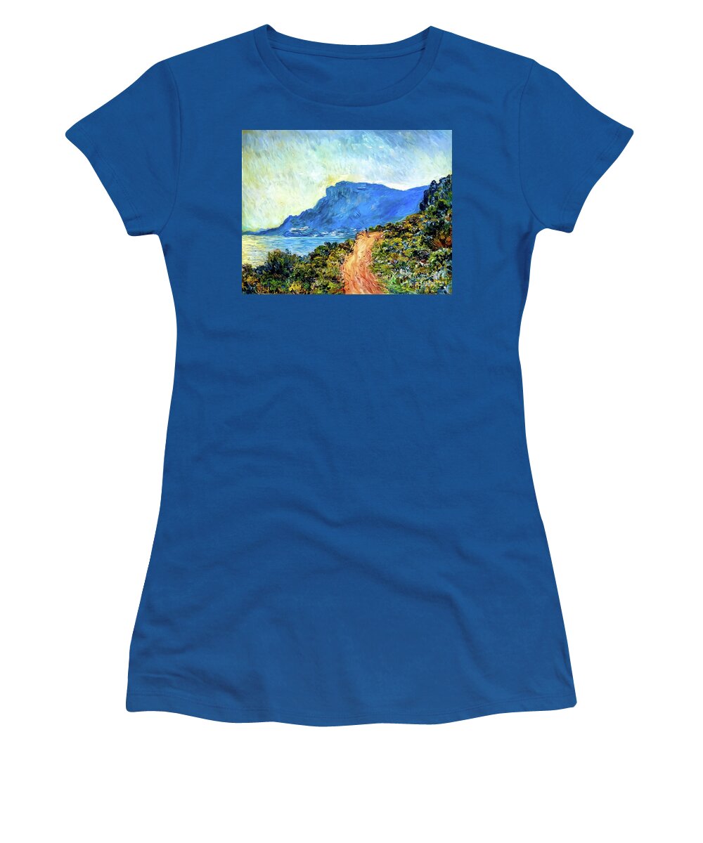 Corniche Women's T-Shirt featuring the painting The Corniche of Monaco by Claude Monet 1884 by Claude Monet