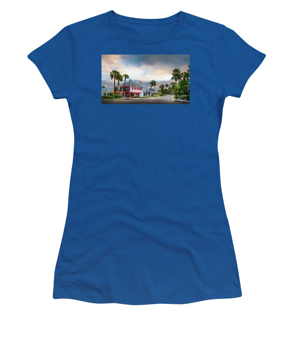Anna Maria Island Women's T-Shirt featuring the photograph The Stadium Gallery at St. Armand's Circle, Florida, Watercolor by Liesl Walsh