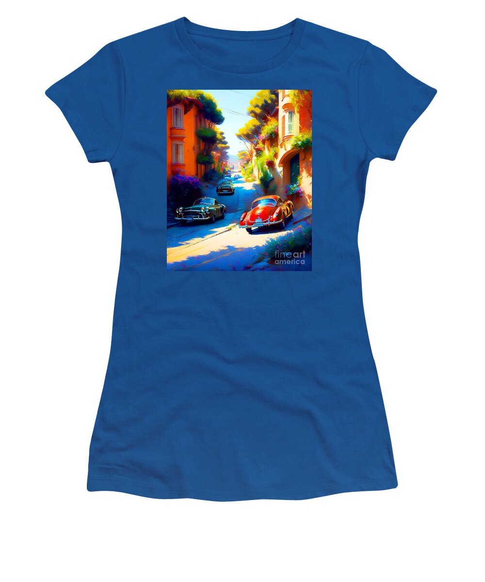 Wingsdomain Women's T-Shirt featuring the mixed media Touring A Quaint Coastal Town In Classic Cars 20230111g by Wingsdomain Art and Photography