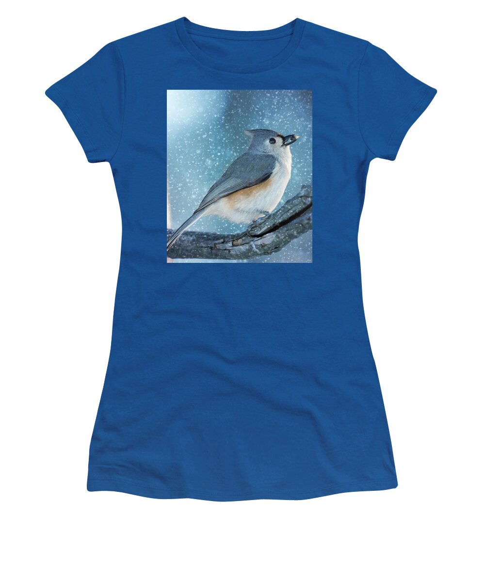 Titmouse Women's T-Shirt featuring the photograph Tufty Snags a Winter Snack by Bill and Linda Tiepelman