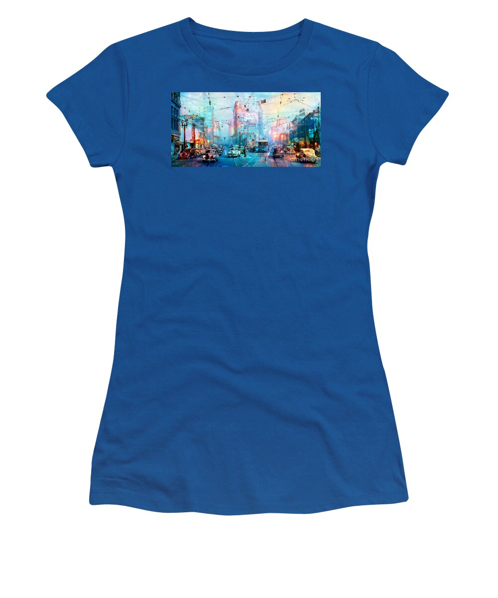 Wingsdomain Women's T-Shirt featuring the photograph Vintage Nostalgic 1948 Downtown Los Angeles Main Street Spring Street 9th Street 20201129 v2 Long by Wingsdomain Art and Photography