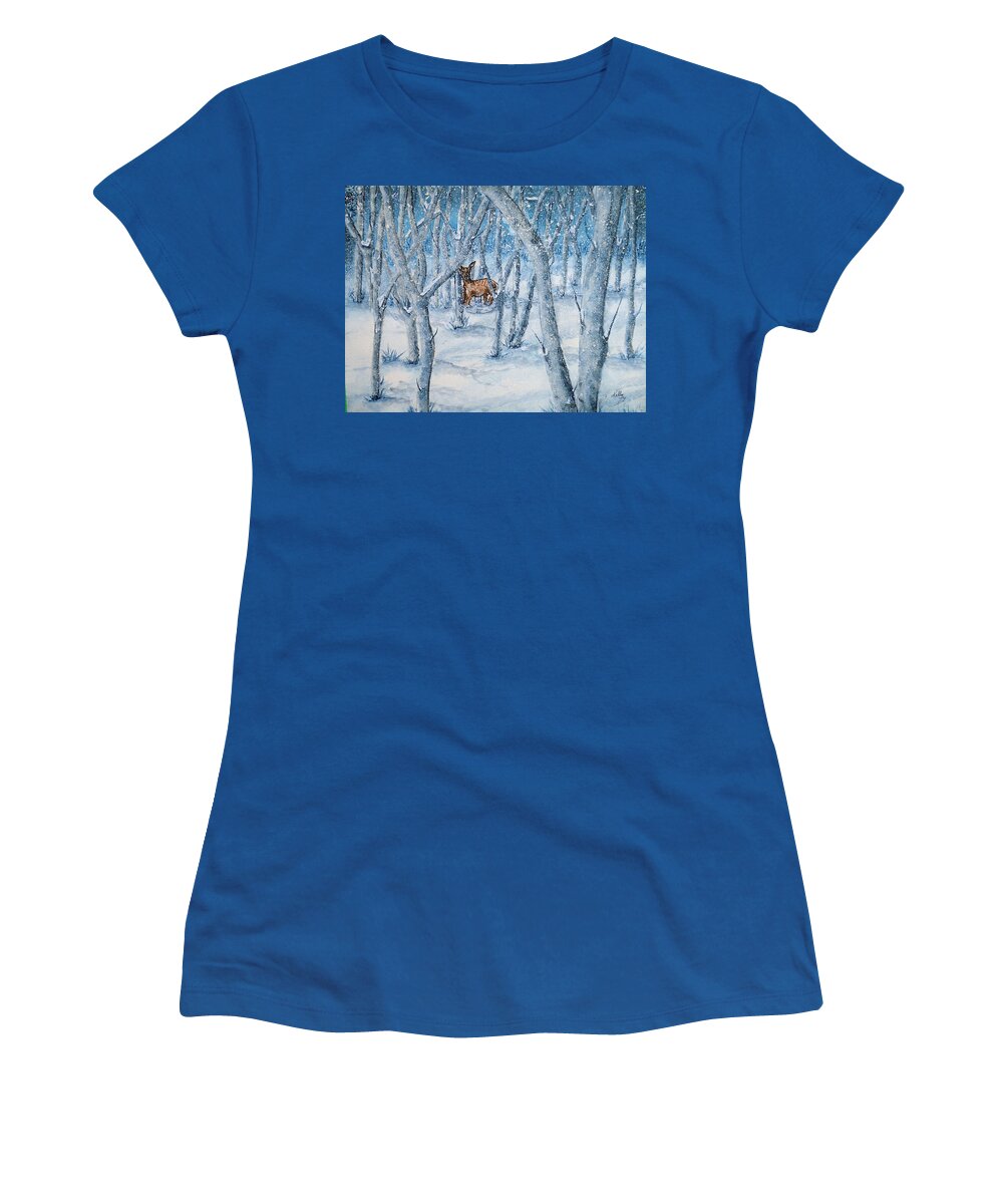 Deer Women's T-Shirt featuring the painting Winter Snow Embraces a Deer by Kelly Mills